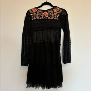Anthropologie Maeve Samara Mesh Floral Tunic Black Dress size XS